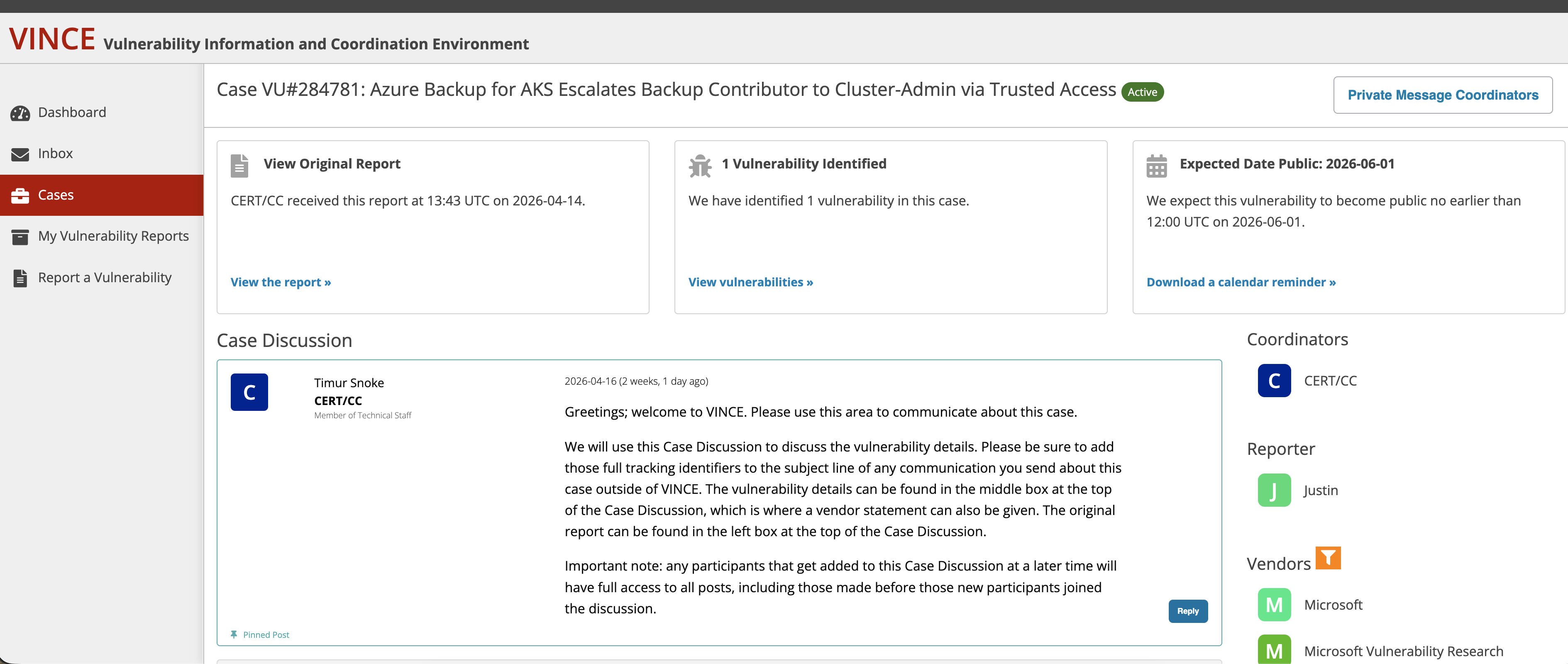 CERT/CC Case Status - 1 Vulnerability Identified