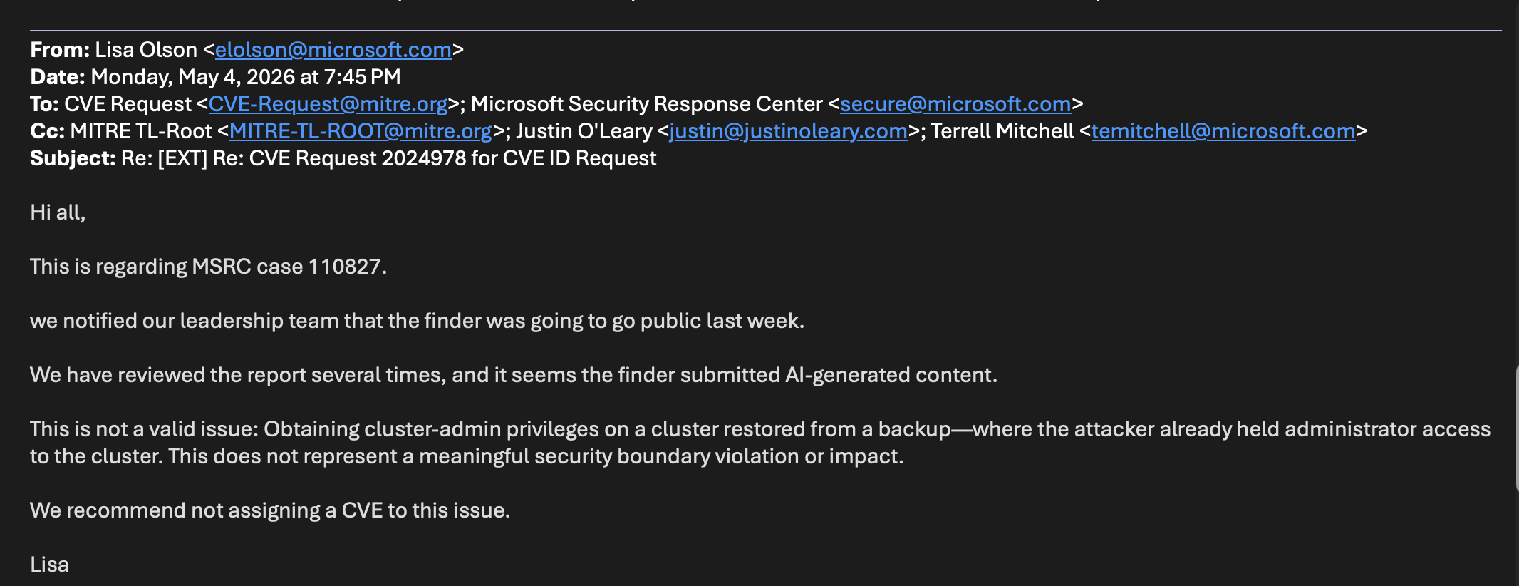 Microsoft CVE Rejection - Lisa Olson